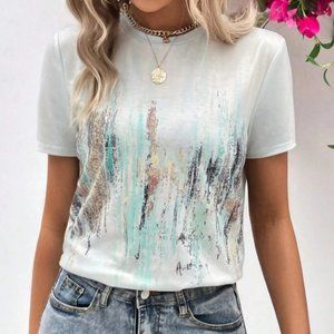 Shein Top Medium 6 Pastel Green Women's Graphic Tee Short Sleeve Shirt Tiedye